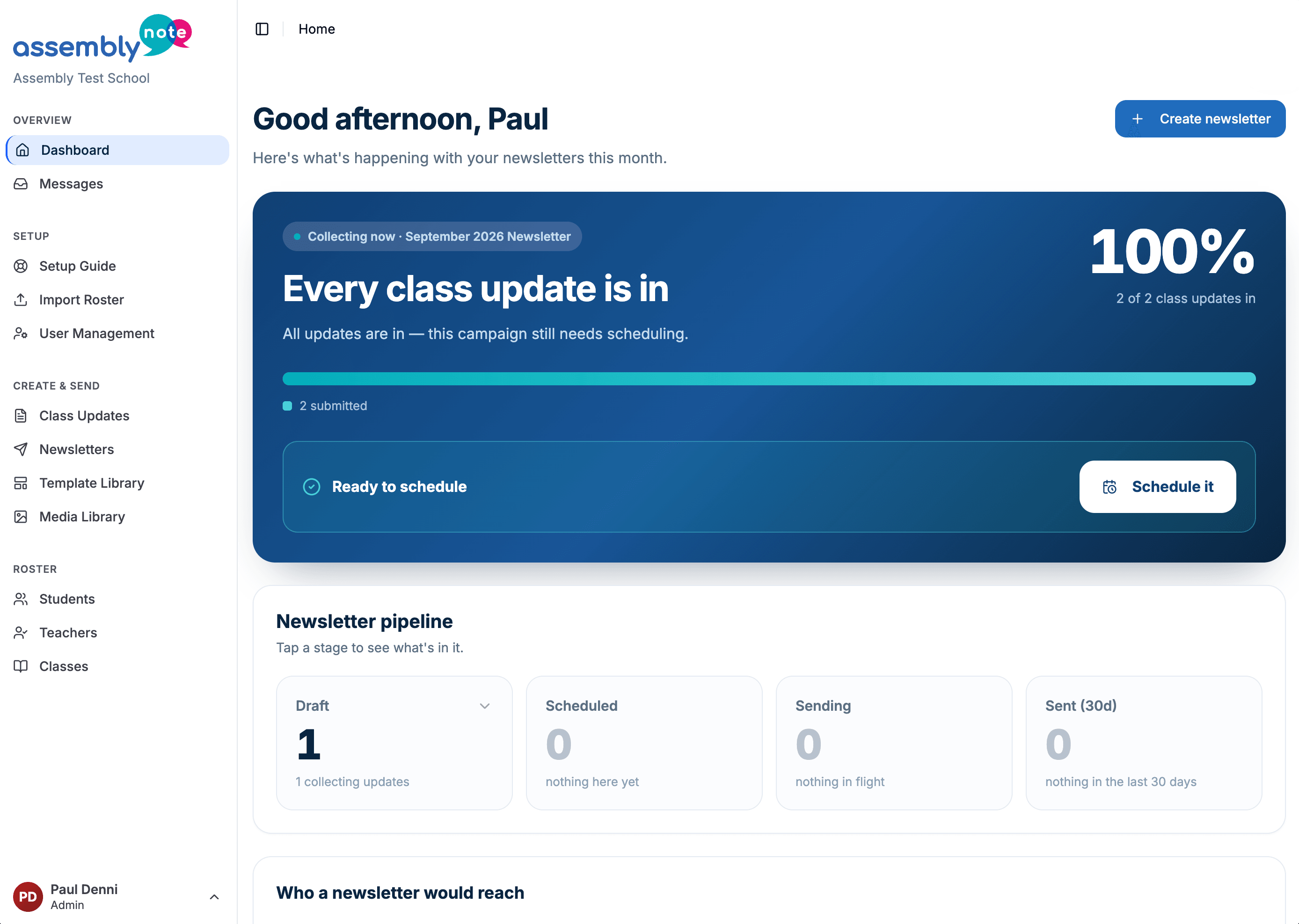 The AssemblyNote dashboard, showing September's newsletter with every class update in and ready to schedule