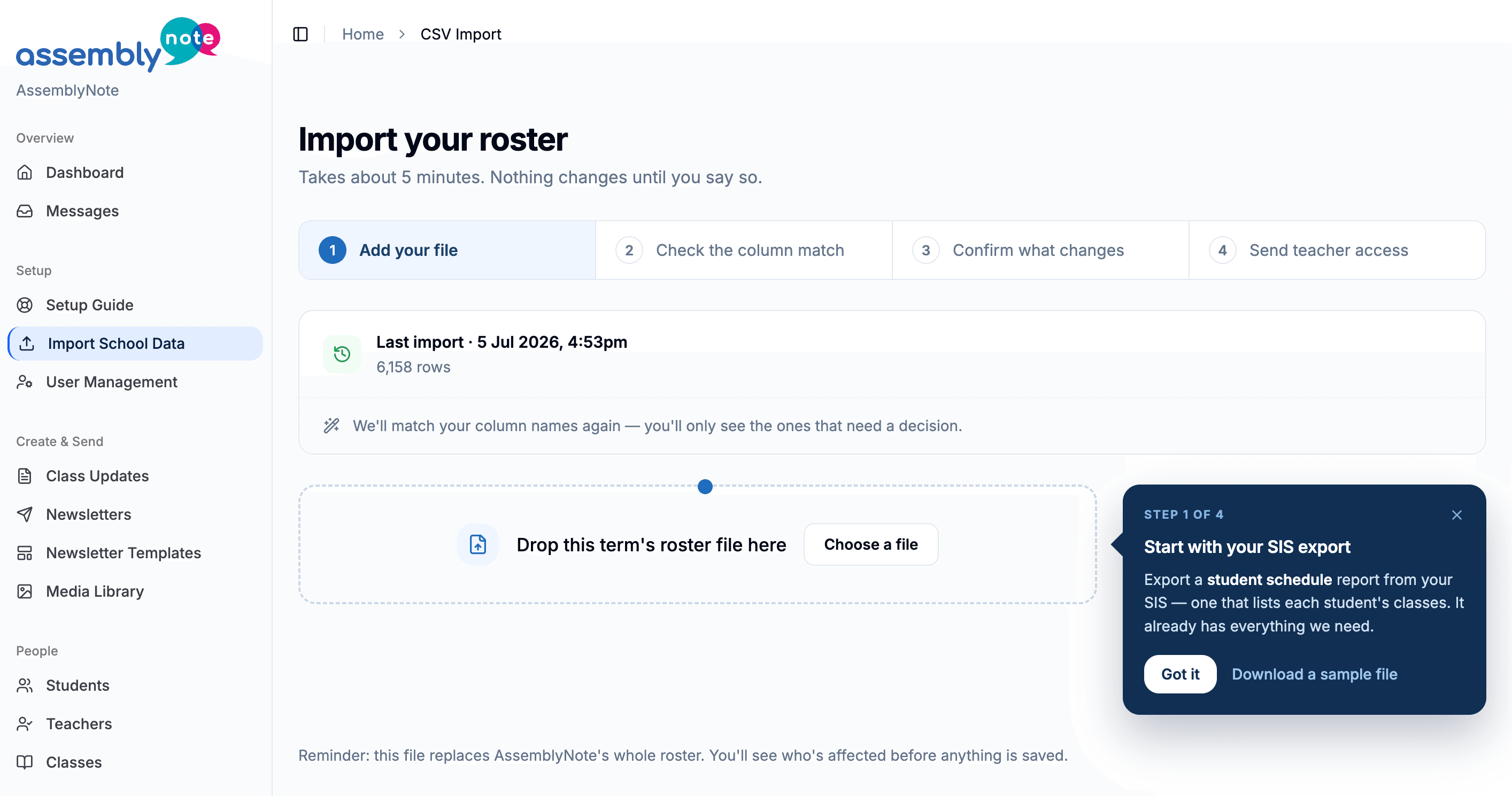 The roster importer matching columns from an uploaded SIS export