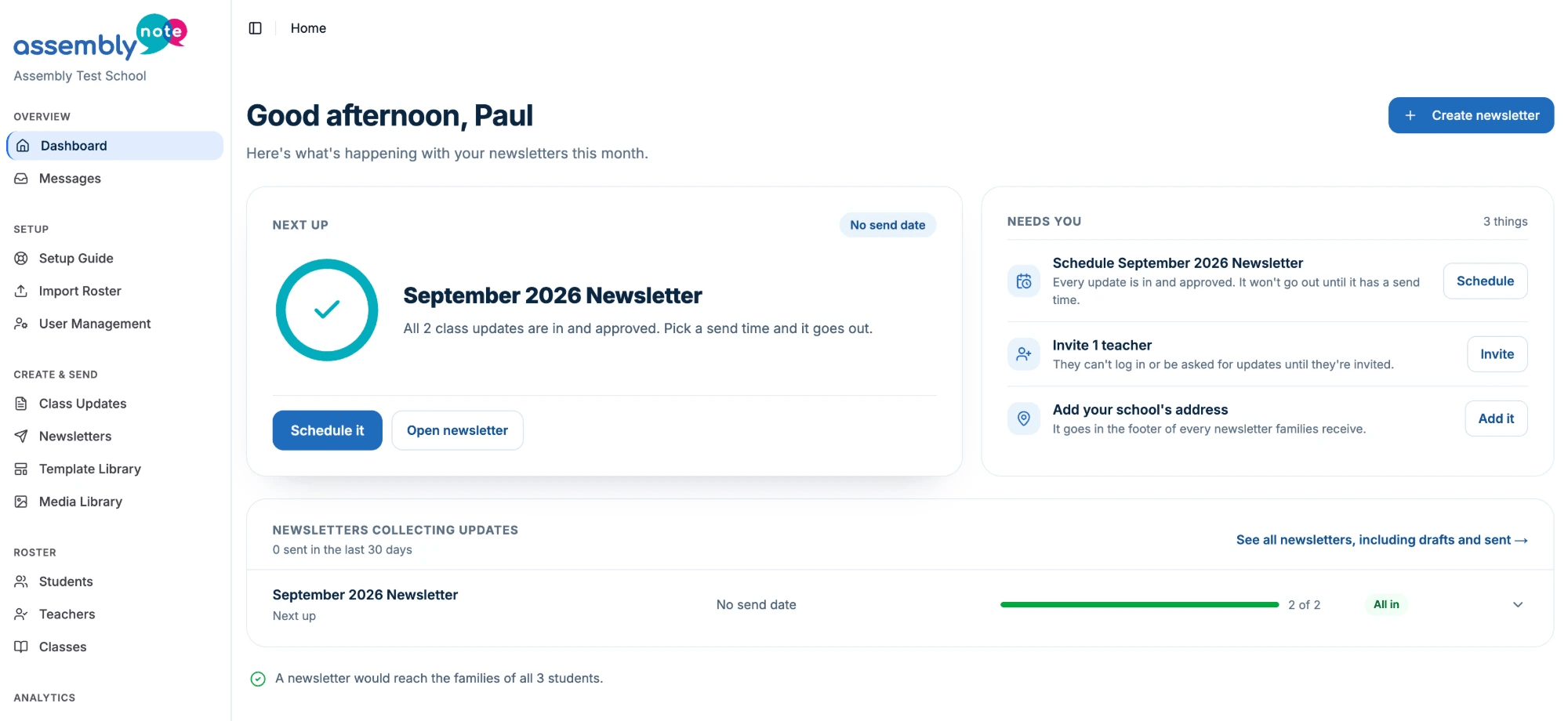 The AssemblyNote dashboard, showing September's newsletter with every class update in and approved, and a short list of what needs the admin next