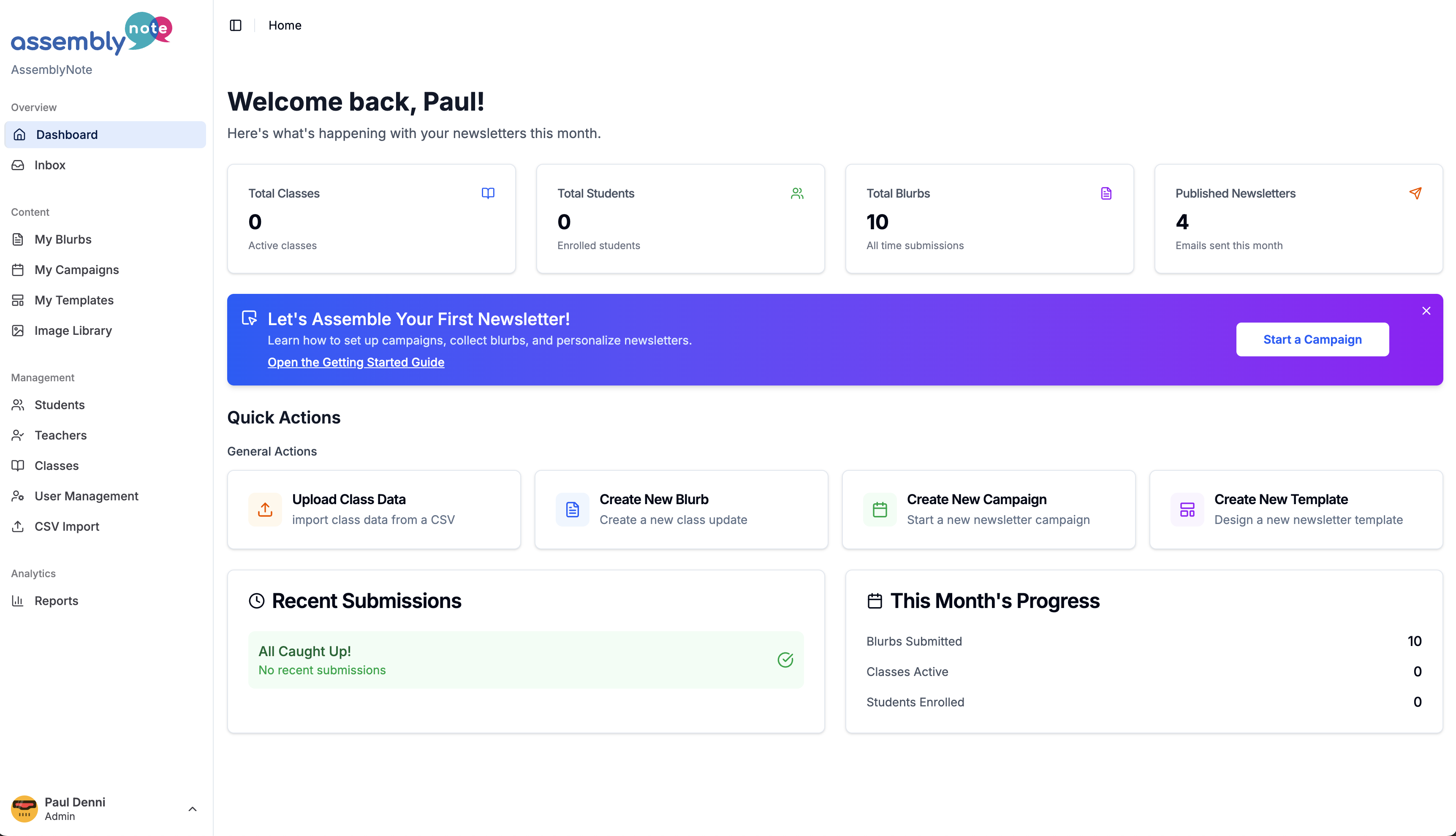 AssemblyNote dashboard showing welcome screen with quick actions and progress tracking