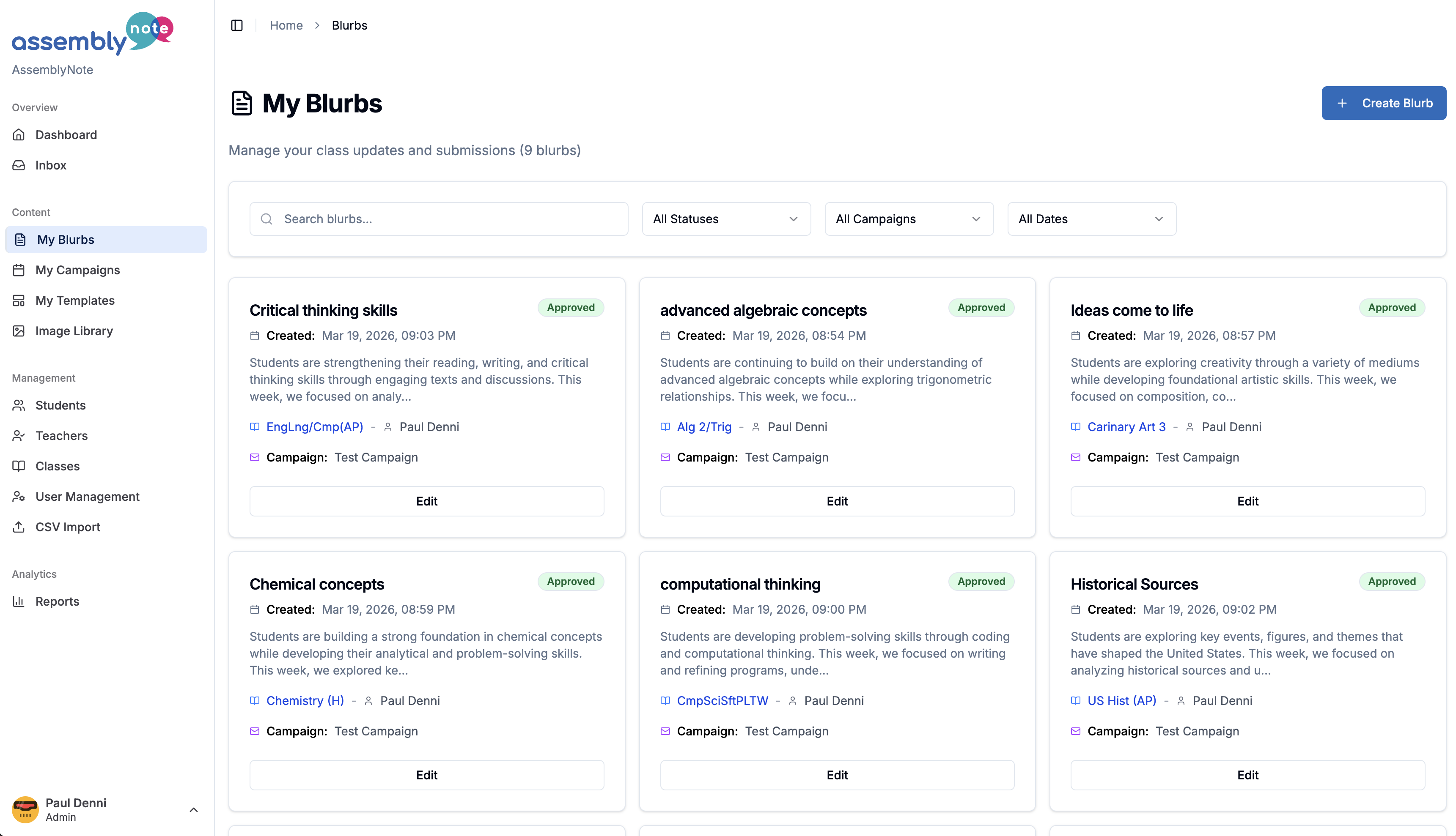 AssemblyNote My Blurbs page showing class update cards for various subjects