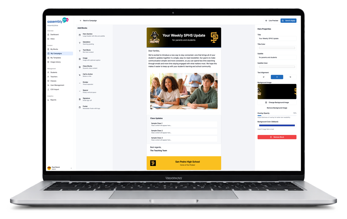 AssemblyNote campaign editor showing a school newsletter with class updates and personalized content