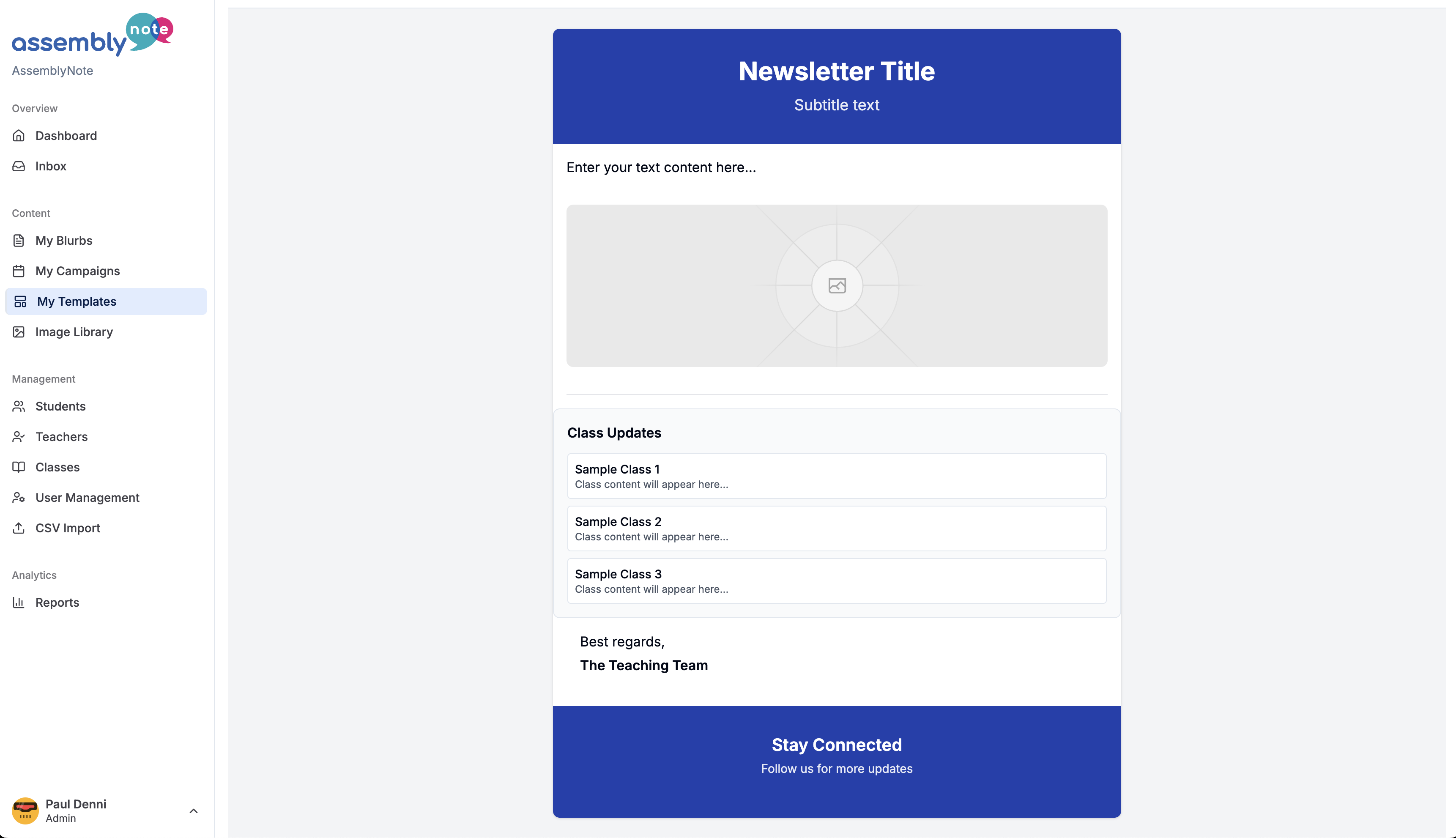 AssemblyNote My Templates page with newsletter template editor